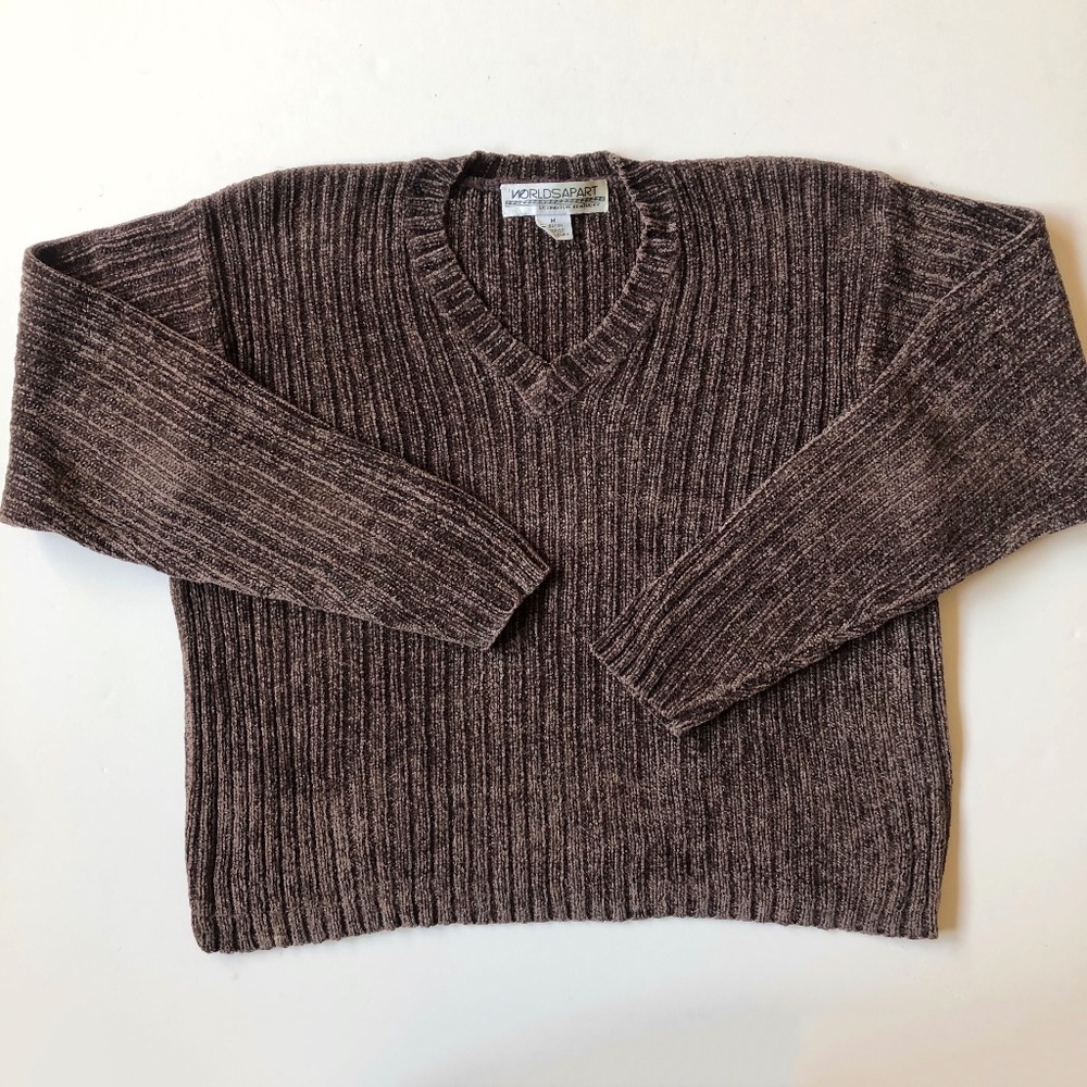 Velour Wide Ribbed V Neck Sweater MED